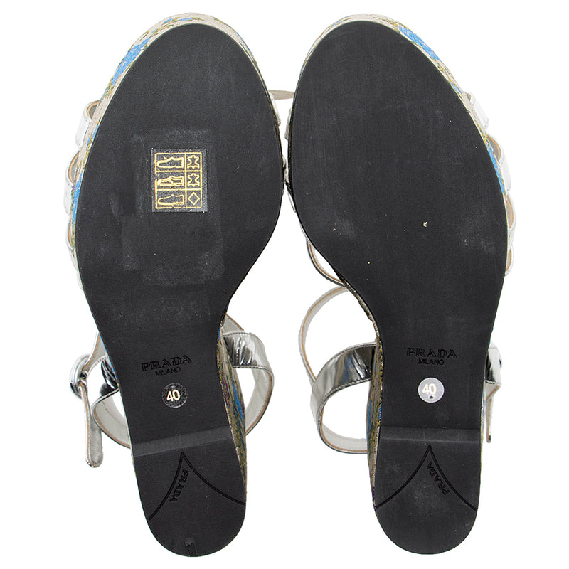 Prada Metallic Floral Jacquard Leather Wedge Sandals - Size 10 / 40 (SHF-18372)