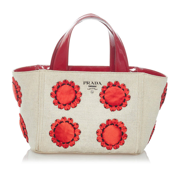 Prada Mistolino Floral Basket Canvas Handbag (SHG-33528)
