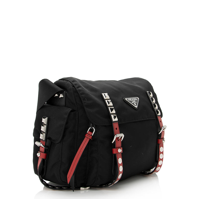 Prada New Vela Studded Nylon Shoulder Bag in Black