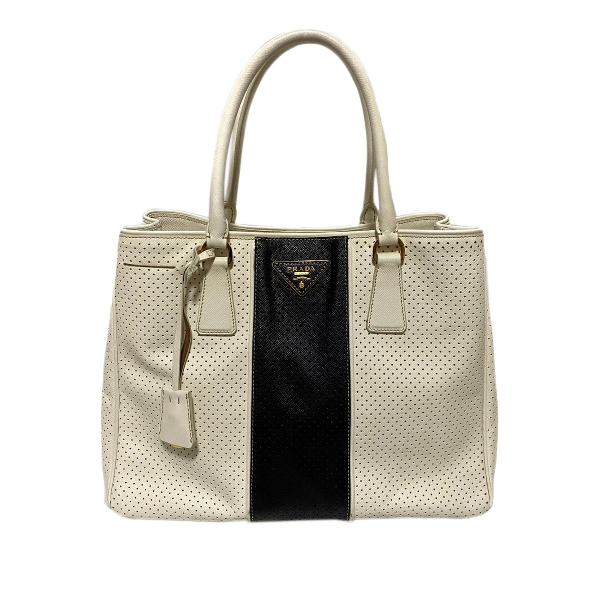 Prada Perforated Saffiano Fori Striped Handbag (SHG-37595)