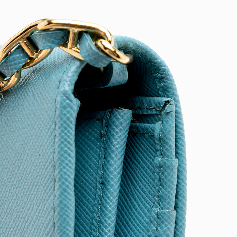 Prada Blue Saffiano Lux Leather Metal Oro Chain Wallet