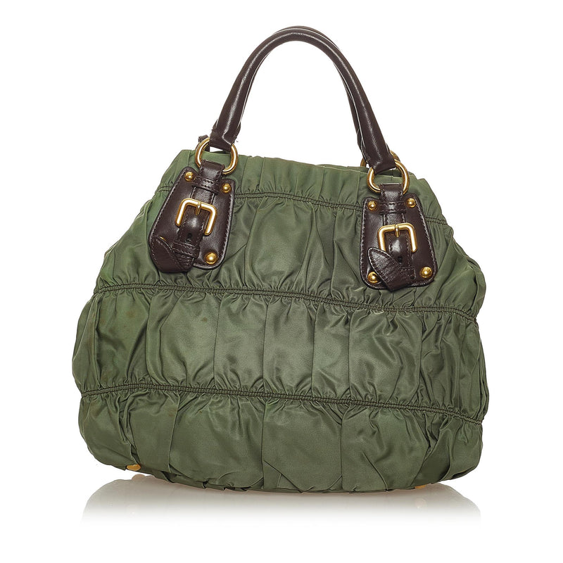 PRADA Tessuto Gaufre Ruched Nylon Leather Shoulder Bag Green