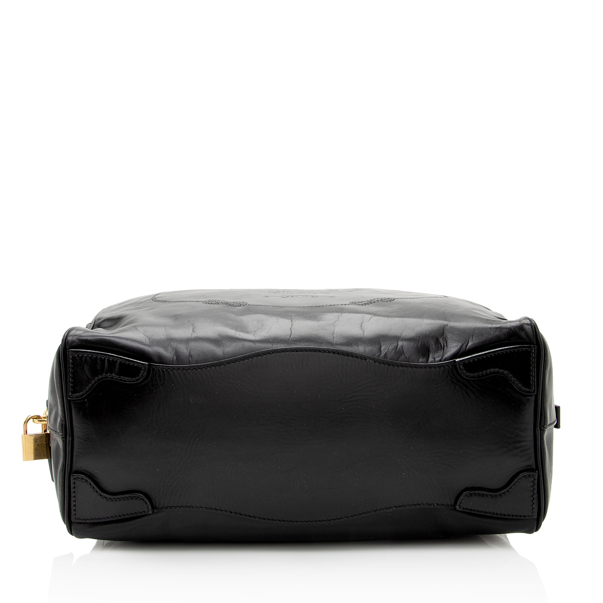 Prada Vitello Daino Spazzolato Logo Medium Bauletto Satchel (SHF-22727)