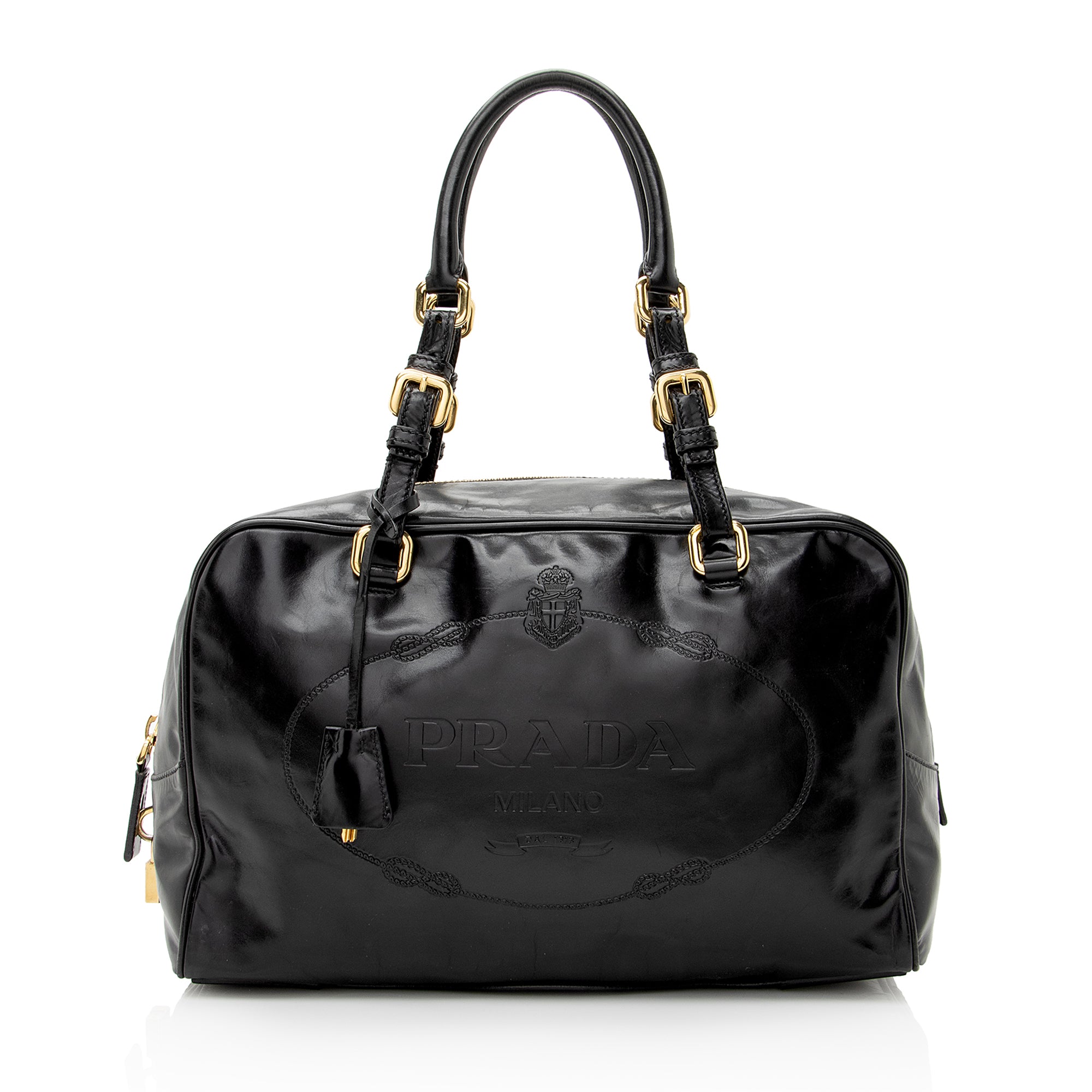 Prada Vitello Daino Spazzolato Logo Medium Bauletto Satchel (SHF-22727)