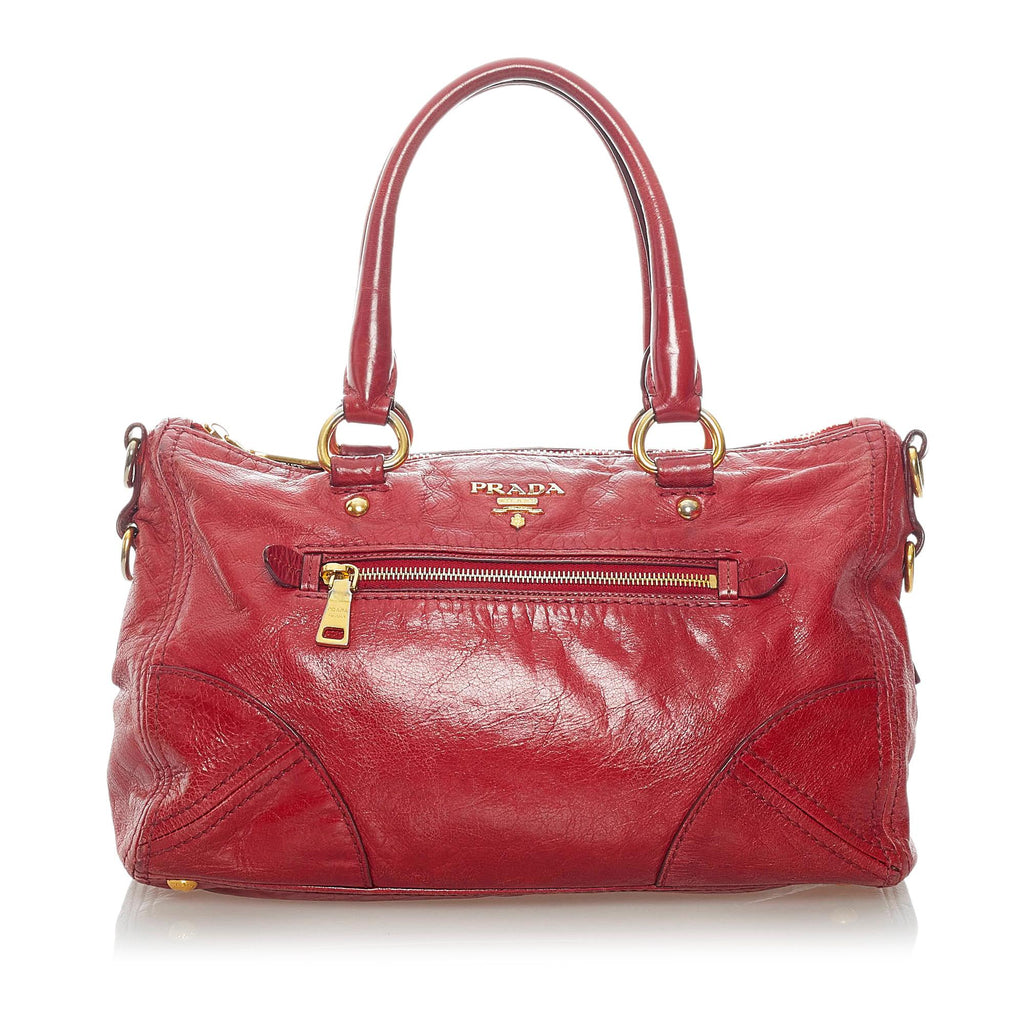 Pre Loved Prada Vitello Shine Bauletto Bag Women Red One Size