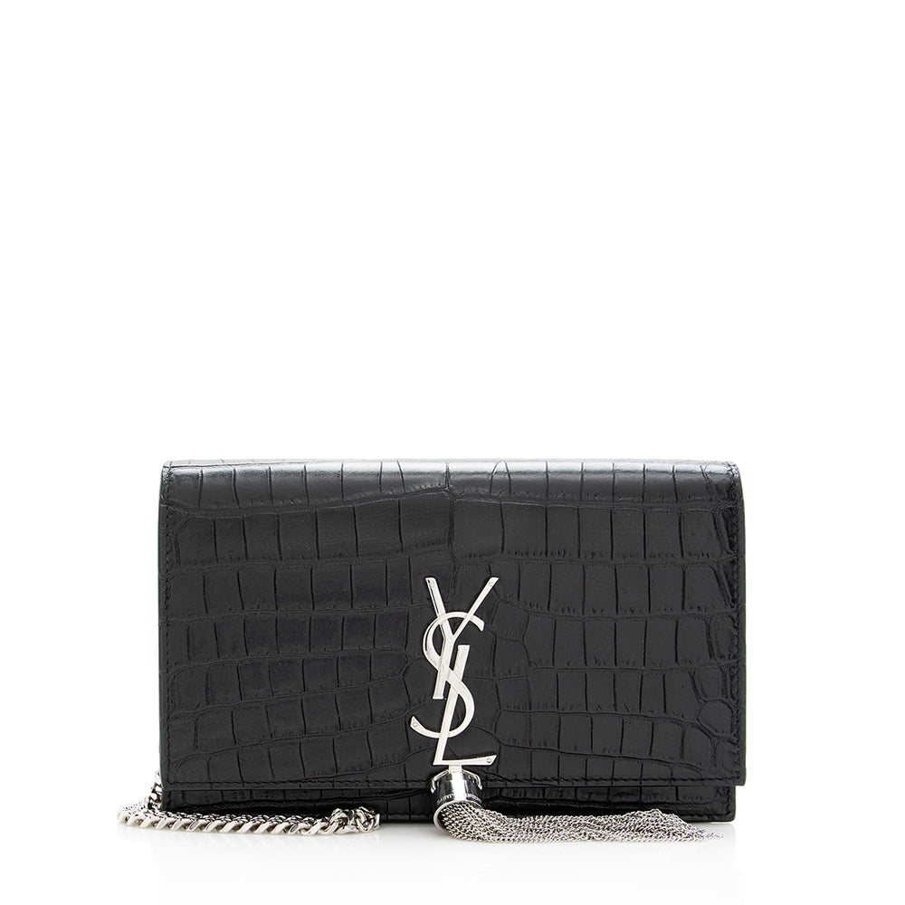 Shop Saint Laurent Kate Tassel Croc-Embossed Leather Shoulder Bag