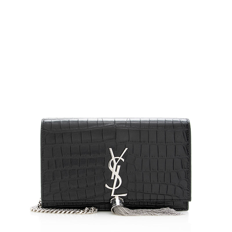 Yves Saint Laurent Black Crocodile Embossed Calfskin Leather Kate