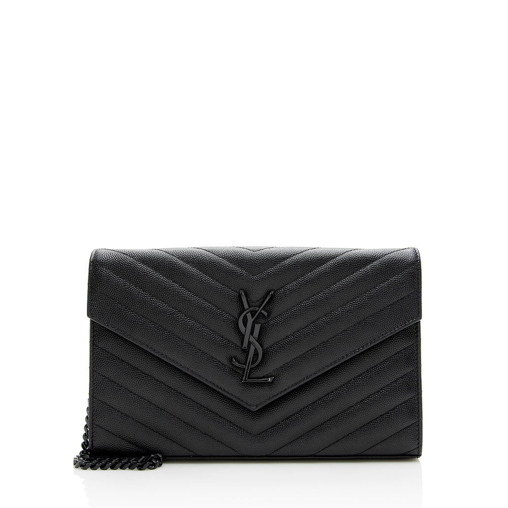 Saint Laurent Matelasse Grain de Poudre Matte Black Monogram Chain Wallet - FINAL SALE (SHF-20467)