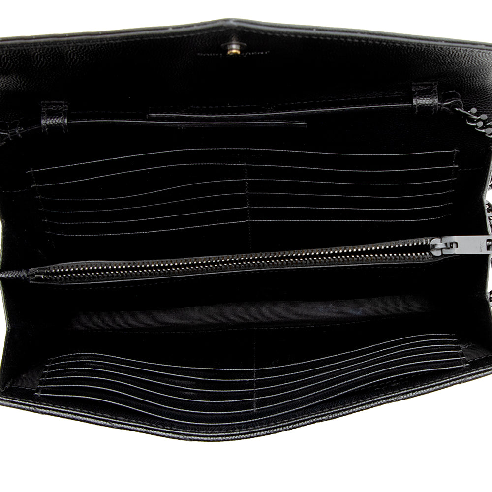 Saint Laurent Matelasse Grain de Poudre Matte Black Monogram Chain Wallet - FINAL SALE (SHF-20467)
