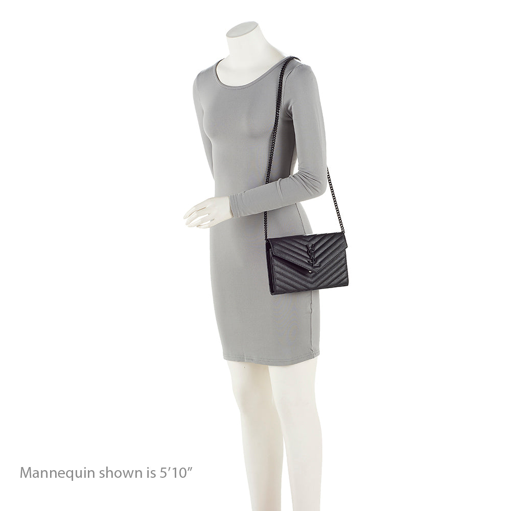 Saint Laurent Matelasse Grain de Poudre Matte Black Monogram Chain Wallet - FINAL SALE (SHF-20467)