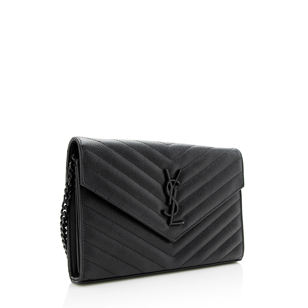 Saint Laurent Matelasse Grain de Poudre Matte Black Monogram Chain Wallet - FINAL SALE (SHF-20467)