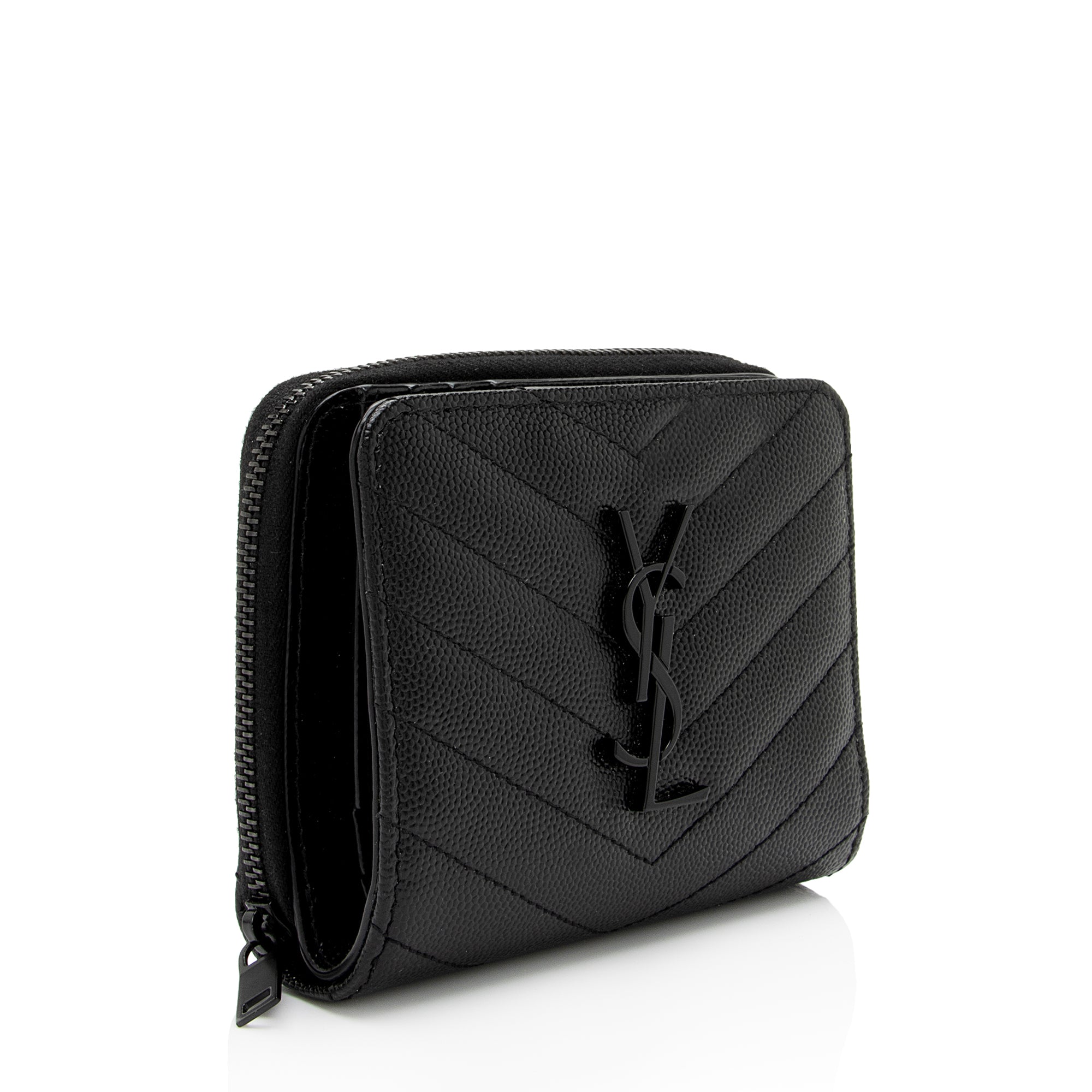 Saint Laurent Matelasse Grain de Poudre Monogram Compact Zip Around Wallet (SHF-C8Sta6)
