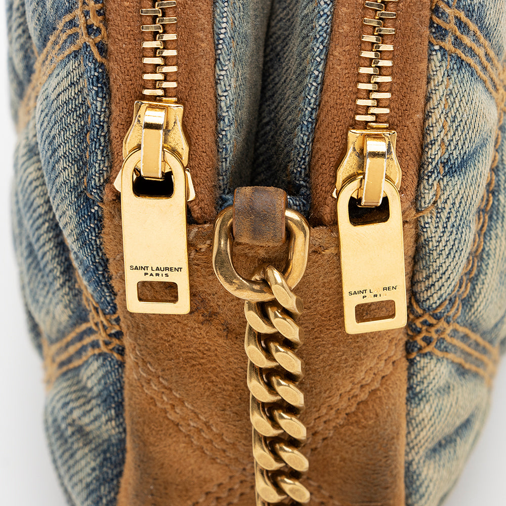 Saint Laurent Quilted Denim Becky Double Zip Crossbody Bag (SHF-20574)