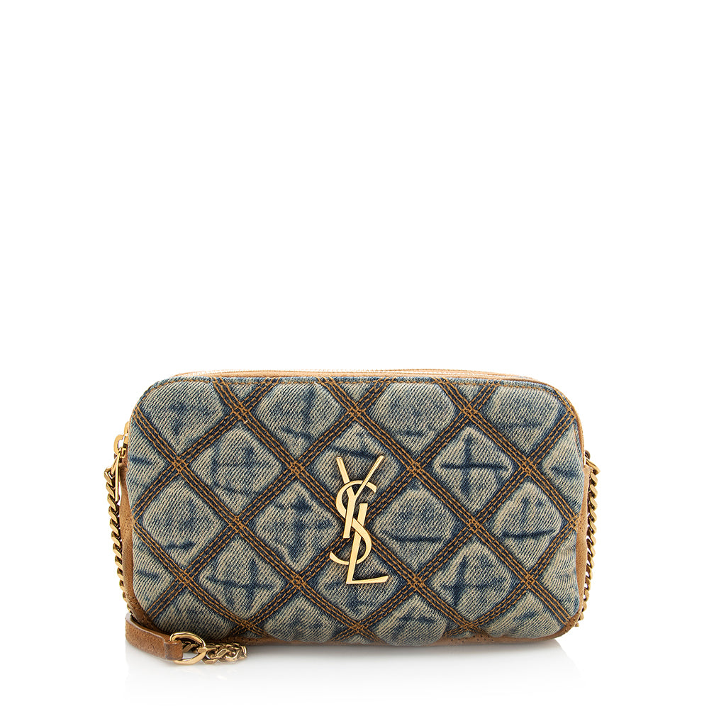Saint Laurent Quilted Denim Becky Double Zip Crossbody Bag (SHF-20574)