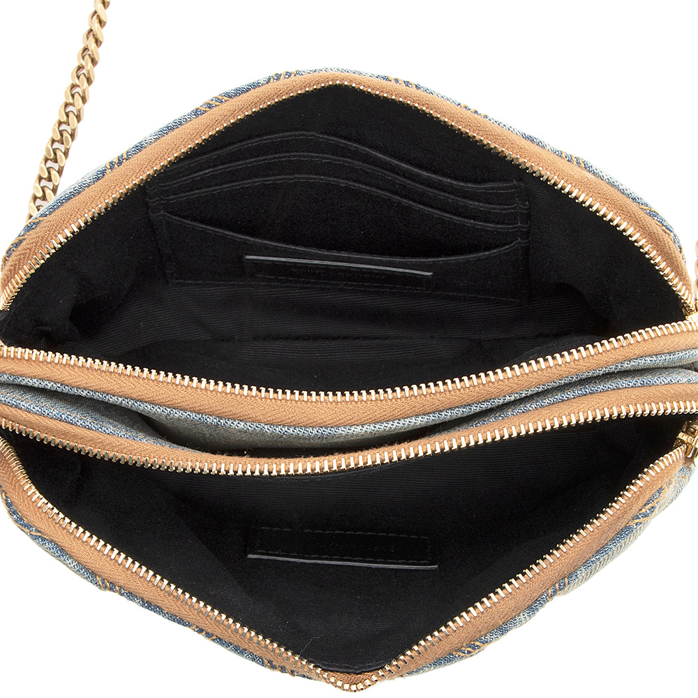 Saint Laurent Quilted Denim Becky Double Zip Crossbody Bag (SHF-20574)