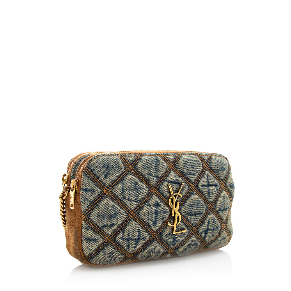 Saint Laurent Quilted Denim Becky Double Zip Crossbody Bag (SHF-20574)