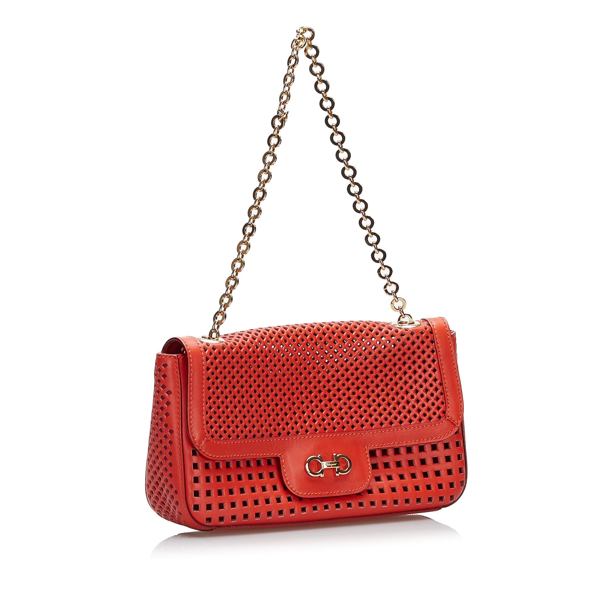 Salvatore Ferragamo Gancini Perforated Leather Chain Shoulder Bag (SHG-36799)