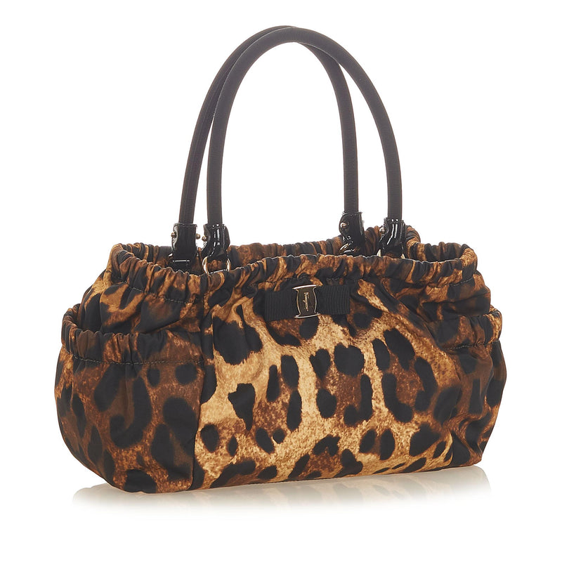 Salvatore Ferragamo Vara Leopard Print Nylon Handbag (SHG-20179)