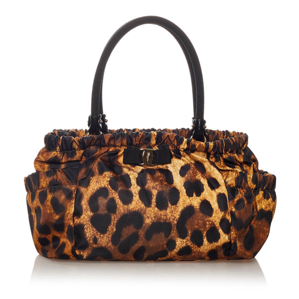 Salvatore Ferragamo Vara Leopard Print Nylon Handbag (SHG-27818)