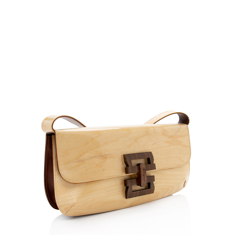 Salvatore Ferragmo Vintage Patent Leather Wood Logo Shoulder Bag (SHF-18156)