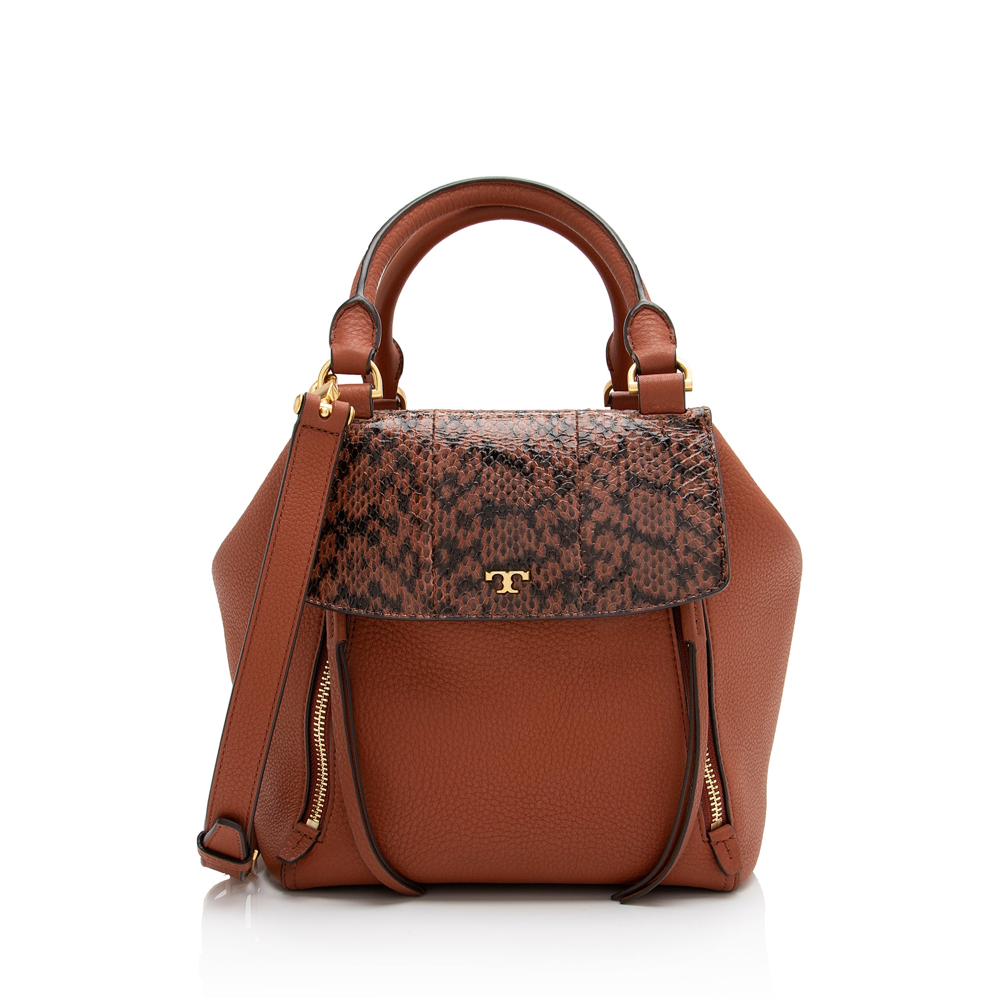 Tory Burch Pebbled Leather Python Half Moon Top Handle Satchel (SHF-23373)