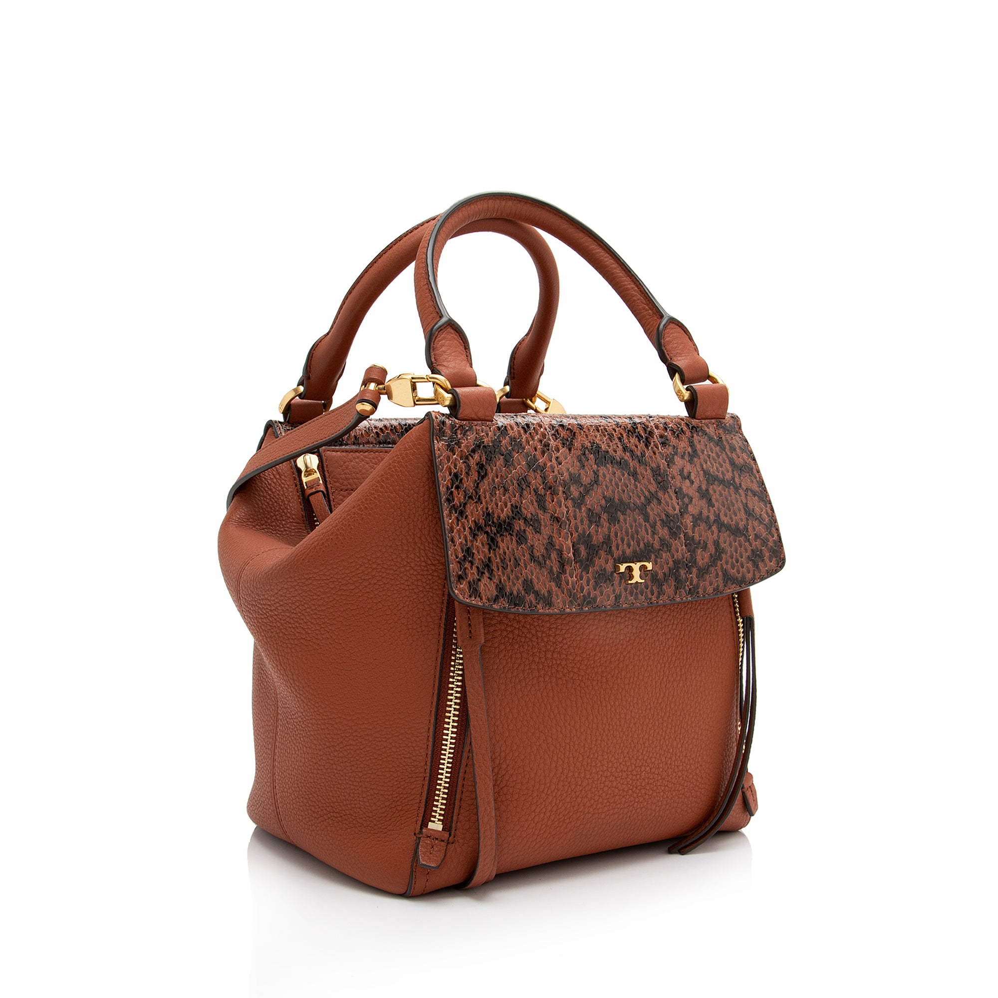 Tory Burch Pebbled Leather Python Half Moon Top Handle Satchel (SHF-23373)