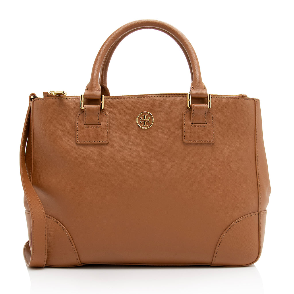 Tory Burch Two Tone Beige Saffiano Lux Leather Robinson Tote at 1stDibs