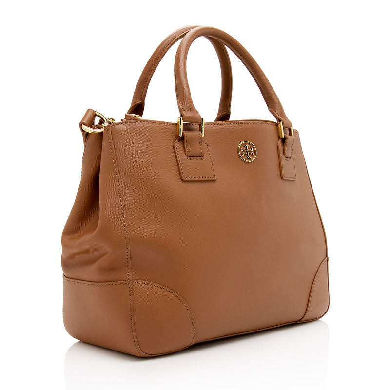 Tory Burch Robinson Small Saffiano Leather Zip-top Shoulder Tote Bag In  Pale Apricot / Royal