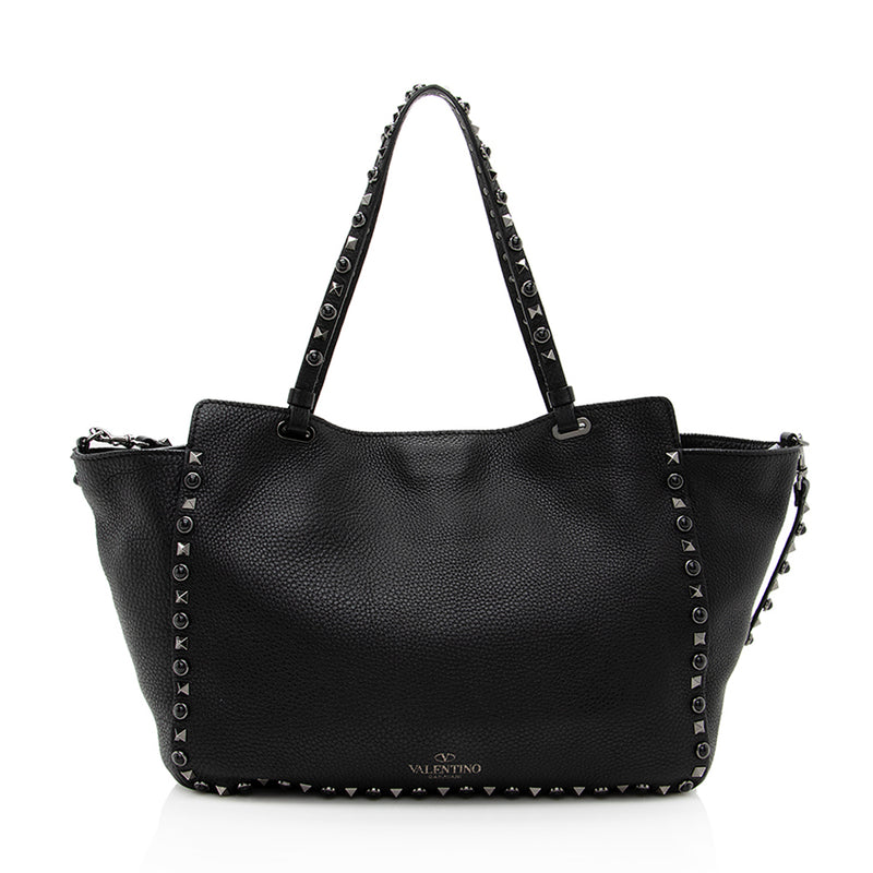 Valentino Leather Rolling Rockstud Small Tote (SHF-19319)