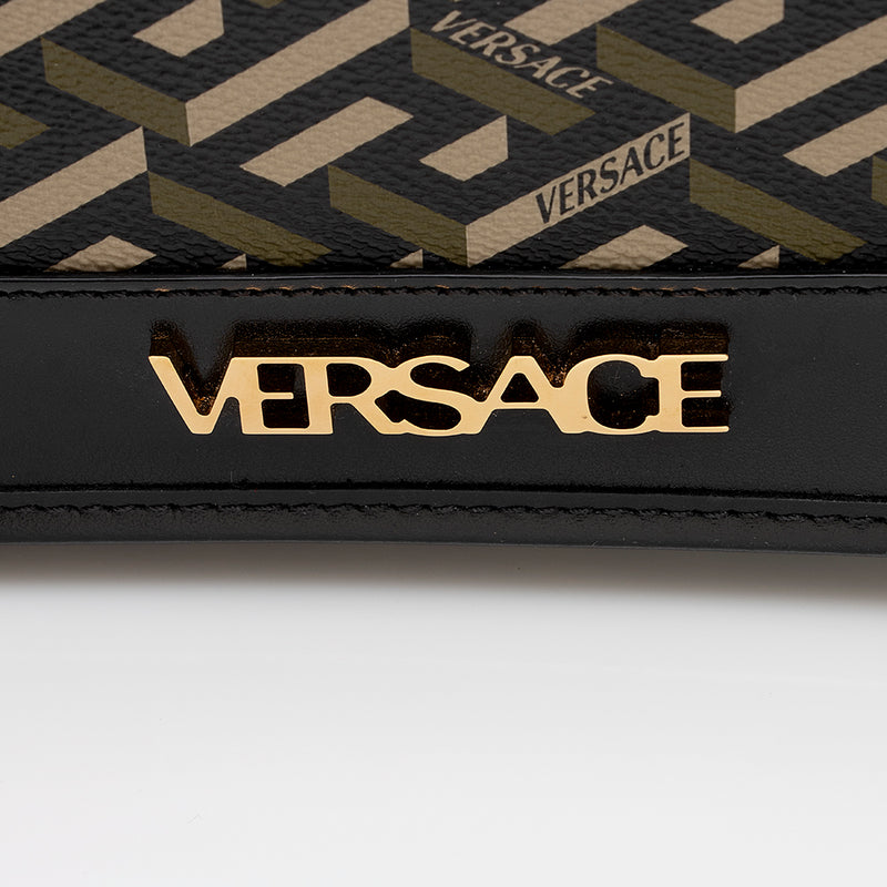 Versace Coated Canvas La Greca Signature Print Virtus V Mini Chain Bag Black Caramel